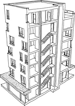hand drawn sketch of Perspective cut away section of apartmen building with with six floors and staircase inside