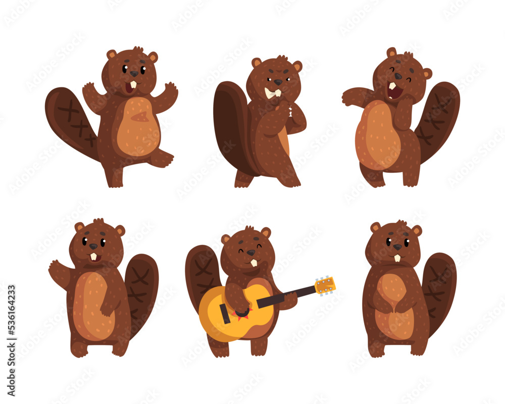 Aufkleber funny beaver character with friendly snout engaged in different activity vector set