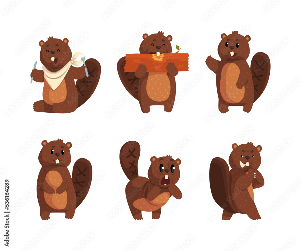 Poster funny beaver character with friendly snout engaged in different activity vector set