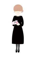 花を持って泣いている喪服のお姉さん線なし