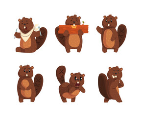 Funny Beaver Character with Friendly Snout Engaged in Different Activity Vector Set - obrazy, fototapety, plakaty
