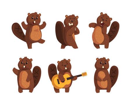 Funny Beaver Character with Friendly Snout Engaged in Different Activity Vector Set