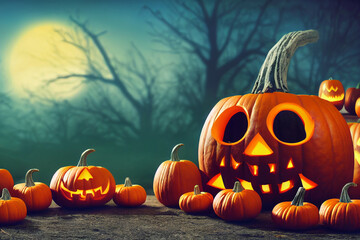 Scary pumpkins on the ground. Spooky woods with moon and pumpkin lanterns for Halloween holiday
