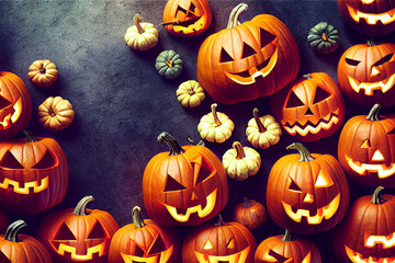 Pumpkins lying on the surface, creepy faces with glow inside. Halloween holiday.
