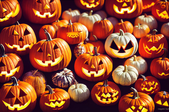 Halloween lanterns pumpkins, creepy faces on orange and white pumpkins
