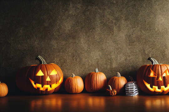 Spooky pumpkin lights, pumpkins on floor.
