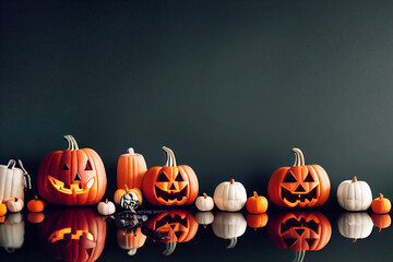 Lots of pumpkins, white pumpkin, orange pumpkin, Pumpkin composition on mirrored floor, pumpkins with faces.
