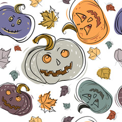 Halloween pumpkins seamless pattern in sketch style with scary and funny faces on white,vector illustration.Jack-lantern.Modern background with pumpkins and leaves.Design for wallpaper,print,packaging