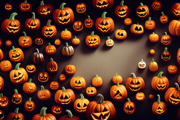 Creepy face pumpkins for Halloween, lots of pumpkins
