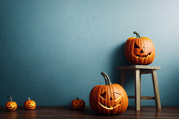 Creepy face pumpkins on stool, Halloween theme.
