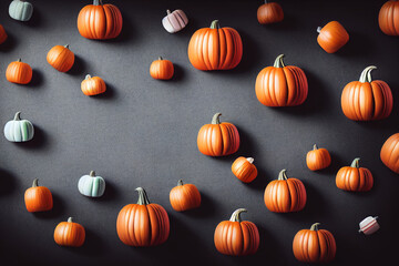 Lots of pumpkins scattered on floor, orange pumpkin, white pumpkin.
