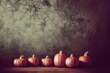 Pumpkins lying on wooden floor, gray wall with cobwebs. Halloween holiday and pumpkins
