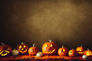 Spooky pumpkins with carved faces and glow laying on the foliage. The pumpkins in the room glow.
