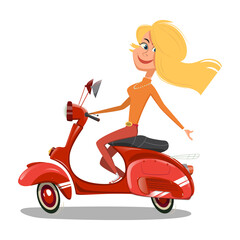 Fototapeta na wymiar Girl riding scooter cartoon PNG illustration with transparent background