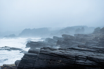Paisaje de la costa rocosa con rocas metamórficas mirando al mar con espuma y niebla húmeda de la costa en ascenso hacia el bosque de fondo en día de lluvia y nubes en ambiente frío al sur de chile