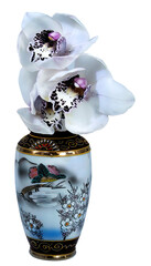 Detailed PNG cutout selection image of a White Cymbidium Orchid flower blossom in an oriental theme vase isolated on a transparent background.