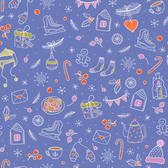 Merry Christmas and Happy New Year theme. Christmas hand drawn seamless pattern with symbols and icons. Winter holidays doodle style colorful background.  