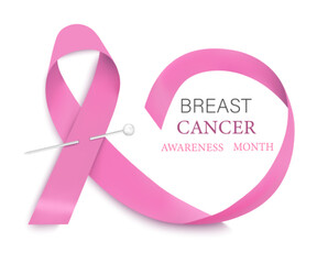 The Breast Cancer Awareness Month badge is an emblem with a vector pink ribbon sign. Vector support icon on a white background.