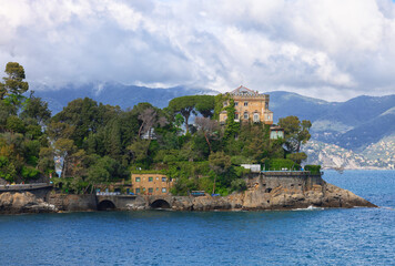 Fototapeta na wymiar Beautiful natural view of the Mediterranean sea coast near the luxury sea resort Portofino, Metropolitan City of Genoa, Italy, Europe
