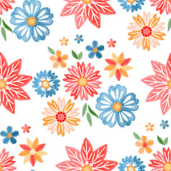 Simple seamless pattern with colorful embroidered flowers on white background - 536167214