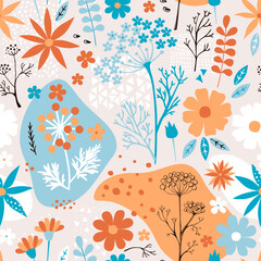 Seamless floral ornament with cute cartoon flowers and leaves in vector. Print for fabric.