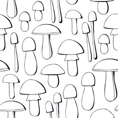 Seamless pattern with hand drawn mushrooms. Simple black and white print. - 536167239
