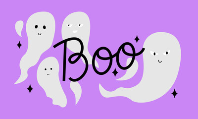 Halloween illustration with lettering word boo and ghosts. Vector flat illustration. Holiday poster