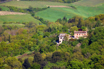Amazing landscape of the Tuscan countryside with the typical rolling hills and cypresses to mark the boundaries