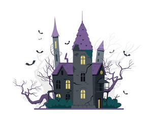 Obraz premium Creepy old castle with bats flying around Halloween vector illustration.
