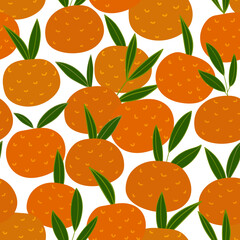 Many bright oranges with green leaves. Fruity seamless pattern. 