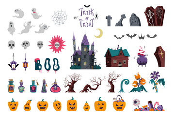 Halloween colorful illustrations big vector set. Castle, spooky trees, plants, bats, potions, ghosts, pumpkins, spiders, lettering etc.