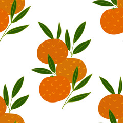 Bright oranges with green leaves. Fruity seamless pattern with citrus. Cartoon style. 