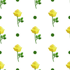 Yellow roses with green dots. Floral seamless pattern with flowers in cartoon style.