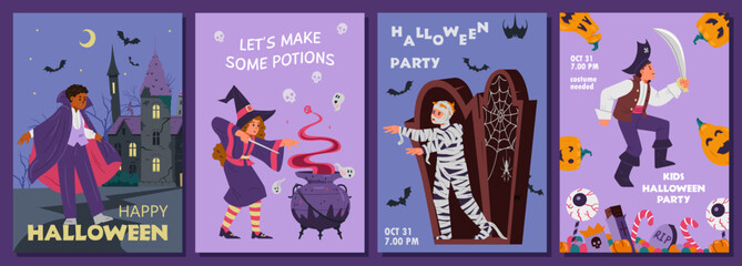 Halloween kids party invitation cards vector set. Children in different costumes, Halloween decorations illustrations.