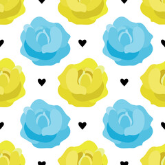 Blue and yellow roses with black hearts. Floral seamless pattern