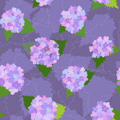 Fancy pattern with hydrangea flowers in lilac and violet tones. Floral seamless pattern with leaves and flowers.