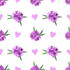 Fototapeta na wymiar Lovely iberis. Floral seamless pattern with lilac hearts. 