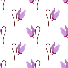 Fancy cyclamen flowers. Floral seamless pattern on the white background.