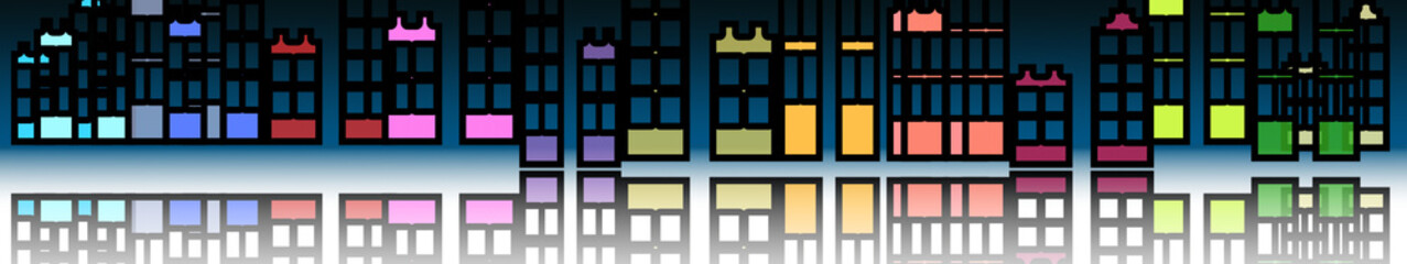 illustrazione di edifici, palazzi e grattacieli su sfondo trasparente con riflessi e crepuscolo
