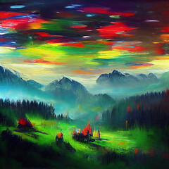 Fototapeta premium Mountain landscape under a colorful sky abstraction. Mountains in the style of impressionism. Imitation of oil painting. Interior painting. Digital illustration.