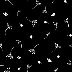 Leaves and twigs hand drawn on a black background. Plants seamless pattern suitable for wallpaper, wrapping paper, web page.