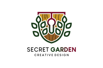 Secret garden logo design, shield vector logo illustration combined with leaves and lock icon