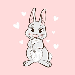 Vector Cute and Funny Rabbit, Hare in Love, Line Art. Bunny Icon, Design Template for Easter, Oriental Chinese New Year 2023 Card, Poster, T-shirt Print, Kids Design