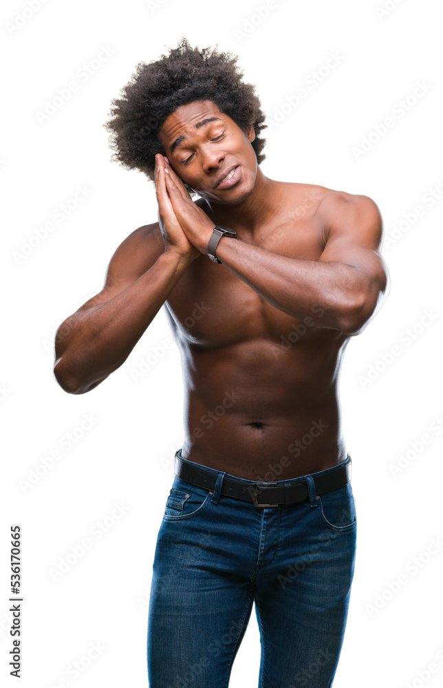 Sticker Afro american shirtless man showing nude body over isolated background sleeping tired dreaming and posing with hands together while smiling with closed eyes.