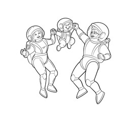 Fototapeta na wymiar Coloring book.Astronaut dad throws his son up.Happy family of astronauts, mom, dad, son.Vector black and white illustration, outline, cartoon on white background