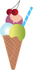 Cone with ice cream and cherry in vector