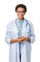Young african american doctor woman wearing medical coat over isolated background Hands together...