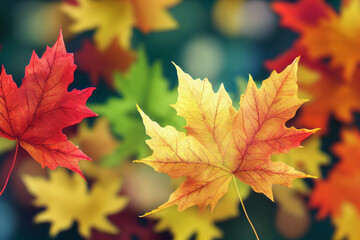 Colorful autumn maple leaves falling background. Ai generated art