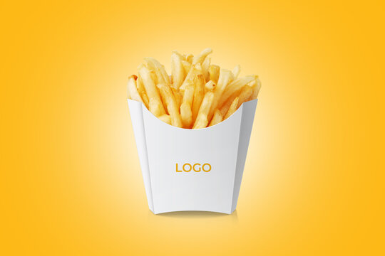 French fries or fried potatoes in a white carton box isolated on yellow background with clipping path and full depth of field 3d rendering illustration.