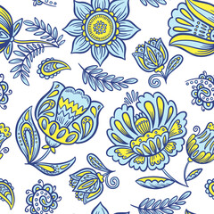 Drawing seamless pattern with flower. Vector wallpaper on white backgraund. Ukrainian traditional art. Style of Petrykivka painting